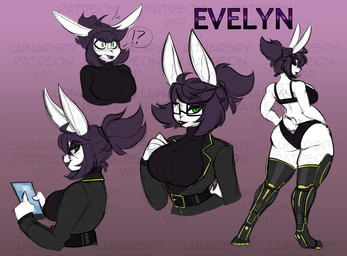 anthro big_breasts black_clothing black_hair black_shirt black_topwear bra breasts butt clothed clothing eyewear female fur glasses hair interrobang jacket looking_at_viewer mature_female open_clothing open_jacket open_topwear panties rear_view scut_tail shirt short_tail simple_background solo standing sweater tail tied_hair topwear underwear white_body white_fur lunarspy lagomorph leporid mammal rabbit hi_res multiple_images