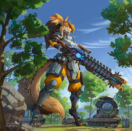 anthro armor blonde_hair bottomwear claws clothed clothing cloud detailed_background extreme_size_difference female footwear fur grass gun hair holding_gun holding_object holding_ranged_weapon holding_weapon larger_anthro larger_female long_hair machine macro macro_anthro macro_female male outside pants plant ponytail power_armor railgun ranged_weapon science_fiction serious_face size_difference sky smaller_human smaller_male tail tail_tattoo tan_body tan_fur tattoo text toe_claws toeless_footwear tree vehicle weapon yellow_eyes saltamor canid canine canis human jackal mammal digital_media_(artwork) english_text hi_res watermark