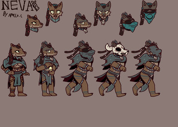 anthro bone bone_mask clothed clothing dreadlocks expressions female kerchief mask multiple_poses partially_clothed pose running skull skull_mask solo tribal veil apollo_caelum_(artist) laika_aged_through_blood fan_character neva_miquiztli canid canine canis coyote mammal model_sheet