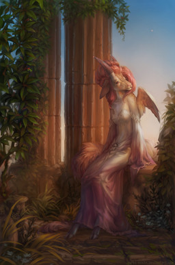 anthro biped clothed clothing column day dress ears_back feathered_wings feathers female flower grass hair hooves horn leaf long_hair pink_hair pink_nose pivoted_ears plant red_eyes sitting sky solo wings kuroi-kisin bovid caprine goat mammal hi_res