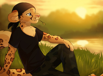 anthro biped bottomwear chest_tuft clothed clothing detailed_background durag fur grass male markings outside pants plant shirt sitting sky smile solo spots spotted_body spotted_fur sun topwear tuft young magenta7 felid leopard mammal pantherine digital_media_(artwork)