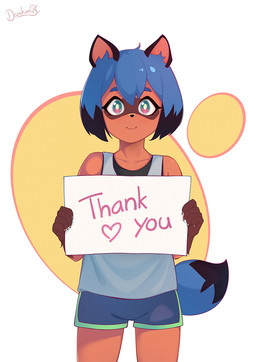 5_fingers anthro black_body black_fur black_hair black_nose blue_body blue_fur blue_hair bottomwear brown_body brown_fur claws clothed clothing dipstick_tail eyebrows facial_markings female female_anthro fingers fur gloves_(marking) green_eyes hair head_markings heart_symbol holding_object holding_sign kemono looking_at_viewer markings mask_(marking) multicolored_hair multicolored_tail shirt short_hair shorts sign simple_background smile solo tail tail_markings tank_top text topwear white_background darahan brand_new_animal studio_trigger michiru_kagemori canid canine mammal raccoon_dog tanuki 2020 digital_media_(artwork) english_text portrait signature three-quarter_portrait
