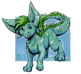 3_fingers 3_toes chest_tuft feet female feral fingers fur green_eyes green_hair hair markings solo striped_markings stripes teal_body teal_fur toes tuft not-fun myche 2013 traditional_media_(artwork)