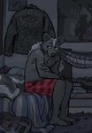 anthro bed biped bottomwear clothed clothing detailed_background fur furniture grey_body grey_fur guitar inside jacket male musical_instrument on_bed plucked_string_instrument red_clothing shedding sitting sitting_on_bed solo string_instrument topless topwear mawfulme canid canine mammal 2021 hi_res