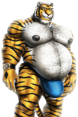 anthro big_bulge big_muscles big_pecs body_hair bulge chest_hair clock countershading eyewear glasses grin hairy happy_trail huge_bulge male musclegut muscular nipples pecs smile solo watch dream_and_nightmare asyr felid mammal pantherine tiger hi_res