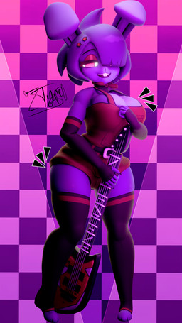 3_toes accessory anthro armwear belt big_breasts black_armwear black_clothing black_elbow_gloves black_fingerless_gloves black_gloves black_handwear black_legwear black_nails black_thigh_highs bow_tie breasts buckteeth checkered checkered_background cleavage clothed clothing colored_nails crossgender elbow_gloves electric_guitar eyelashes eyeshadow feet female fingerless_gloves gloves glowing glowing_eyes guitar hair hair_accessory hair_over_eye handwear holding_guitar holding_musical_instrument holding_object legwear looking_at_viewer makeup mtf_crossgender musical_instrument nails open_mouth open_smile overalls pattern_background pink_eyes pink_eyeshadow plucked_string_instrument purple_background purple_body purple_hair red_bow_tie red_clothing red_overalls short_hair simple_background smile smiling_at_viewer solo standing string_instrument teeth thigh_highs toeless_thigh_highs toes wide_hips type_09 cryptiacurves_(modeler) five_nights_at_freddy's fredina's_nightclub scottgames bonfie_(cryptiacurves) bonnie_(fnaf) lagomorph leporid mammal rabbit 2026 3d_(artwork) digital_media_(artwork) full-length_portrait hi_res portrait purple_theme watermark
