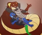 2015 3_fingers 3_toes 4_arms amber_eyes anthro apode belly blue_anole blue_body blue_scales breasts brown_background brown_body brown_scales claws clothed clothing cobra dactyloid digital_media_(artwork) draconcopode duo eliza_(vader-san) fangs feet female fingers glek_tarssza legless lizard lying male multi_arm multi_limb multicolored_body multicolored_scales naga non-mammal_breasts open_mouth orange_eyes orange_sclera paws reptile scales scalie serpentine simple_background smile snake snake_hood ta'rall tan_belly tan_body tan_scales teeth toe_claws toes tongue two_tone_body two_tone_scales vader-san