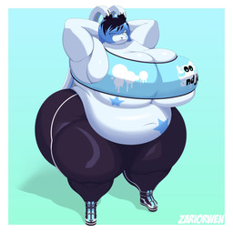 anthro belly belly_overhang big_belly big_breasts big_butt black_hair blue_body blue_eyes blue_hair breast_overflow breasts buckteeth butt clothed clothing fat_rolls feet female hair hands_behind_head huge_breasts huge_butt huge_hips larger_female long_ears looking_at_viewer multicolored_hair navel overweight overweight_female rabbit_ears simple_background size_difference small_feet solo star_symbol teeth thick_thighs tight_clothing wide_hips princecoffeecakes zariorwen butterblast_(princecoffeecakes) lagomorph leporid mammal rabbit 1:1 full-length_portrait hi_res portrait