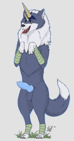 animal_genitalia animal_penis balls black_nose blue_body blue_fur blue_penis canine_genitalia canine_penis claws erection feral fluffy fur genitals grass horn knot male markings neck_tuft open_mouth penis plant simple_background smile solo standing tongue tongue_out tuft white_body white_fur yellow_eyes wolfarion that_time_i_got_reincarnated_as_a_slime ranga_(that_time_i_got_reincarnated_as_a_slime) canid canine canis mammal wolf 2020 colored dated hi_res signature
