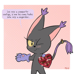 accessory anthro black_body black_fur blush box_of_chocolates candy chocolate claws clothing dessert dialogue eyelashes female food fur furgonomics gloves handwear heart_symbol jewelry looking_at_viewer ring solo tail tail_accessory tail_jewelry tail_ring text tsundere mr_harinezumi bandai_namco digimon nera_(el_senor_erizo) blackgatomon digimon_(species) felid feline mammal 1:1 absurd_res hi_res spanish_text translated