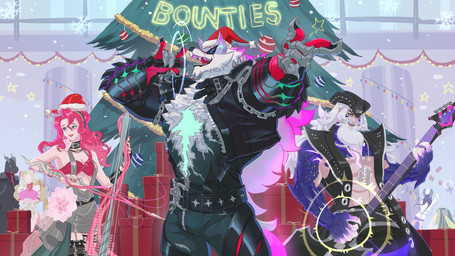 abs anthro arm_spikes armband armor belt black_belt black_body black_bottomwear black_choker black_clothing black_jacket black_jewelry black_necklace black_pants black_scales black_topwear blonde_hair blue_body blue_fur bottomwear bowed_string_instrument bra cello chain_armband chest_markings choker christmas_clothing christmas_decorations christmas_headwear christmas_lights christmas_present christmas_tree claws clothing dress electronics eye_scar eyewear facial_scar female flower fur gauntlets gift gloves green_eyes grey_clothing grey_dress grey_hair group guitar hair handwear hat headgear headwear highlights_(coloring) holding_microphone holding_object holidays iridescent iridescent_inner_ear jacket jewelry larger_anthro larger_male leather leather_bottomwear leather_clothing leather_jacket leather_topwear long_beard long_hair male markings microphone muscular muscular_anthro muscular_human muscular_male musical_instrument necklace open_mouth pants pecs pink_bra pink_clothing pink_hair pink_highlights pink_underwear plant playing_cello playing_guitar playing_music plucked_string_instrument purple_body purple_claws purple_scales santa_hat scales scalie_arms scar sharp_teeth shoulder_spikes silver_(metal) silver_jewelry silver_necklace singing size_difference sleeveless_jacket smaller_female smaller_human smaller_male snowflake sound_wave spikes spikes_(anatomy) star string_instrument sunglasses tail teeth topwear tree trio underwear white_body white_fur hiu_kentang christmas dislyte lilith_games mythology eira_(dislyte) freddy_(dislyte) nyles_(dislyte) canid canine canis dragon human mammal mythological_creature mythological_scalie scalie wolf 2025 absurd_res hi_res