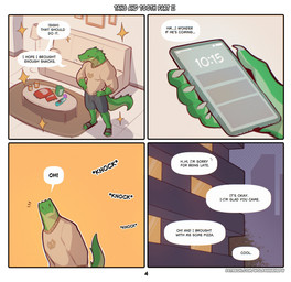 5_fingers anthro bottomwear cellphone clothed clothing coffee_table dialogue duo electronics fingers footwear furniture green_body holding_cellphone holding_object holding_phone inside living_room male offscreen_character page_number phone sandals shoes shorts snack sofa sparkles speech_bubble sweater table tail text topwear wolfanine tooth_(wolfanine) alligator alligatorid crocodilian reptile scalie absurd_res comic english_text hi_res url