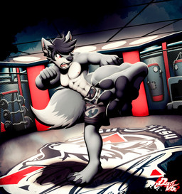 abs anthro arena athletic_wear black_hair black_pawpads bottomwear clothing fangs fur grey_body grey_fur gym_bottomwear gym_shorts hair half-closed_eyes kick male mma multicolored_body multicolored_fur muscle_tone muscular muscular_anthro muscular_male narrowed_eyes pawpads paws pecs shorts solo teeth two_tone_body two_tone_fur dustythebat wolfius canid canine canis mammal wolf hi_res