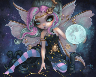 alternative_fashion blue_eyes clothing cosmic_background crescent_moon dress eyelashes eyeshadow female goth hair highlights_(coloring) insect_wings legwear lips lipstick makeup moon not_furry pattern_clothing pattern_legwear pink_hair purple_lipstick solo sparkles star starry_background striped_clothing striped_legwear striped_tights stripes tights wings jasmine_becket-griffith fairy humanoid winged_humanoid 2025 5:4 acrylic_painting_(artwork) dated painting_(artwork) traditional_media_(artwork) traditional_painting_(artwork)