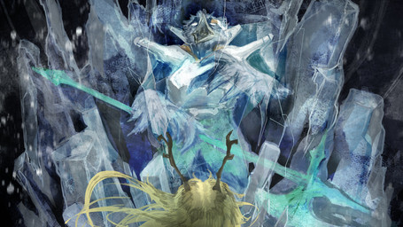 anthro antlers beak biped blonde_hair blue_body blue_feathers duo elemental_manipulation feathers female frozen frozen_solid hair halberd holding_halberd holding_melee_weapon holding_object holding_polearm holding_weapon horn ice_manipulation long_hair male melee_weapon open_mouth polearm realistic snowgrave weapon nitrovu deltarune undertale_(series) berdly noelle_holiday avian bird deer mammal new_world_deer 16:9 2026 4k absurd_res digital_drawing_(artwork) digital_media_(artwork) digital_painting_(artwork) english_description hi_res painting_(artwork) widescreen