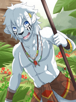 5_fingers anthro black_nose blue_eyes bottomwear clothed clothed_anthro clothed_male clothing fingers forest fur hair humanoid_hands jewelry jungle loincloth male necklace outside plant solo teeth tongue topless topless_anthro topless_male tree tribal white_body white_fur white_hair baroque_(artist) felid feline mammal 3:4 hi_res