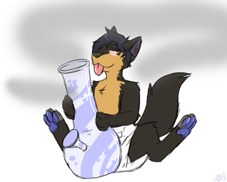 3_fingers 3_toes ambiguous_gender anthro big_diaper black_hair black_nose blue_pawpads bong brown_body brown_fur brown_tail clean_diaper clothed clothing diaper diaper_only drugs feet fingers fur hair holding_object logo multicolored_body multicolored_fur orange_body orange_fur pawpads purple_inner_ear red_sclera simple_background sitting sitting_on_diaper smile smoke solo substance_intoxication tail three-quarter_view toeless_(marking) toes tongue tongue_out topless two_tone_body two_tone_fur wearing_diaper white_background white_diaper juneberrysprout smoky_(smoky_doggo) canid canine canis domestic_dog mammal artist_logo full-length_portrait portrait