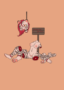 4_missing_limbs 4_toes amputee anthro blood_writing bone breasts claws death decapitation disability dismemberment execution exposed_bone feet female female_death genitals gore gore_focus hair hanged nipples pawpads quadruple_amputee red_hair ryona severed_body_part severed_head severed_limb simple_background snuff solo striped_body stripes toe_claws toes tongue tongue_out vulva white_body crowskull felid mammal pantherine tiger absurd_res hi_res