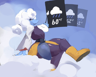 anthro belt blue_body blue_skin boots clothed clothing cloud female footwear hair legwear ring shoes sitting solo thick_thighs thigh_highs white_hair wide_hips ebbedrawin deltarune undertale_(series) elnina_(deltarune) air_creature bovid caprine elemental_creature living_cloud mammal sheep hi_res