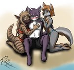 anthro bikini blush clothed clothing female flirting fur grey_body grey_fur group hair male polyamory simple_background smile stripes swimwear two-piece_swimsuit dekaisen bloodline bloodline_(webcomic) bernin_(bloodline) sil_(bloodline) vivian_(bloodline) canid canine canis fox grey_fox hyena mammal striped_hyena urocyon wolf 2021 hi_res