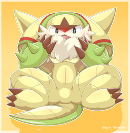 ambiguous_gender featureless_crotch front_view open_mouth simple_background solo spread_legs spreading tail tapering_tail thick_tail yellow_background type nintendo pokemon chesnaught generation_6_pokemon pokemon_(species) 2015 hi_res
