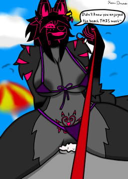 anthro beach beachwear big_breasts big_tail black_arms black_body black_fur black_hair black_head bodily_fluids bra breasts clothed clothing clothing_aside cowgirl_position cum cum_in_vagina cum_inside dialogue duo ear_piercing ear_ring female first_person_view fluffy fluffy_ears from_front_position fur fur_markings genital_fluids genitals grin hair horn jewelry leash leash_pull leashed_male leashed_viewer male male/female markings on_bottom on_lap on_top panties panties_aside penetration penis piercing pink_eyes pink_markings pink_tattoo ring_piercing sex sex_on_the_beach short_hair short_horn sitting_on_lap skimpy small_horn smile smiling_at_viewer stinger stinger_tail straddling straddling_penis suggestive summer tail talking_to_viewer tattoo text underwear underwear_aside vulva womb_tattoo reena_dreamer iranian_mythology middle_eastern_mythology mythology reena_(reena_dreamer) canid canine canis demon felid mammal manticore succubus wolf absurd_res english_text hi_res
