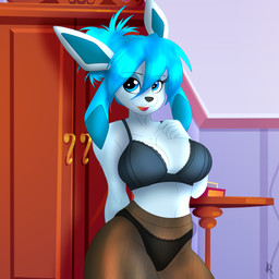 anthro bra breasts clothing female legwear panties pantyhose solo suggestive underwear wide_hips digiqrow nintendo pokemon eeveelution generation_4_pokemon glaceon pokemon_(species) absurd_res hi_res