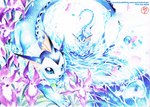 ambiguous_gender blue_body blue_eyes blue_frill blush blush_lines digitigrade feral fin flower looking_at_viewer paws plant quadruped solo splash splashing_water tail tail_fin text water yellow_fin nai-chan nintendo pokemon eeveelution generation_1_pokemon pokemon_(species) vaporeon 2013 artist_name english_text signature url