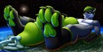 anthro big_penis black_body black_fur bodily_fluids cum cum_on_planet destruction earth fur genital_fluids genitals green_body green_eyes green_fur green_penis grey_body grey_fur huge_penis landscape laying_on_planet macro male penis penis_on_planet planet plantigrade sea size_difference size_play smile solo space star teeth terra_macro water furrypur mammal procyonid raccoon 2021 hi_res