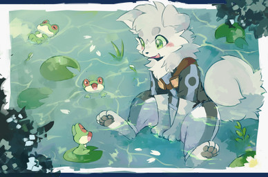 ambiguous_gender anthro biped clothed clothing eyebrows feral floppy_ears fur green_body green_eyes grey_body grey_fur group lily_pad male open_mouth open_smile partially_submerged pawpads plant size_difference smile tail water leslichu amphibian canid canine canis domestic_dog frog mammal hi_res