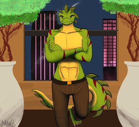 abs anthro belly belt bottomwear branch brown_bottomwear brown_clothing brown_pants chest_press city city_background clothing collarbone crossed_arms eyebrows green_body green_horn horn leaf leaned_back male male/male muscular pants pecs plant plant_pot raised_leg red_stripes solo spikes stripes thinking tree window yellow_belly yellow_eyes nyo_la_nixan sliss lizard reptile scalie hi_res shaded