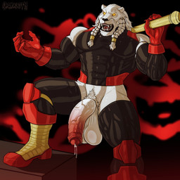 abs anthro arm_warmers armor armwear balls barazoku biceps big_balls big_muscles big_pecs big_penis black_clothing black_lips black_nose black_sclera bodily_fluids bodysuit bottomless bottomless_anthro bottomless_male braided_hair claws clothed clothing cum dreadlocks elbow_gloves erection foreskin fur genital_fluids genitals glans gloves gold_(metal) gold_armor gold_jewelry greeting hair half-erect handwear holding_object holding_weapon huge_penis humanoid_genitalia humanoid_penis hyper inside jewelry leaking_precum lips mace male melee_weapon muscular muscular_anthro muscular_male muscular_thighs nipples nude partially_retracted_foreskin pecs penis pink_glans precum red_clothing red_eyes saggy_balls saliva sash skinsuit skintight_suit solo suit text thick_thighs tight_clothing triceps weapon whiskers white_balls white_body grungotharts image_comics invincible_(image_comics) thokk_(invincible) alien felid feline lion mammal pantherine 1:1 hi_res