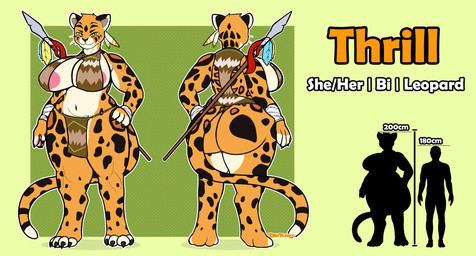 anthro areola bandage big_areola big_breasts big_butt biped breasts butt claws clothing comparing covered_breasts covered_nipples feathers female front_view fur green_background huge_breasts huge_butt larger_female leopard_spots melee_weapon orange_body orange_fur paws polearm pose rear_view simple_background size_difference smile smiling_at_viewer solo spear spots tail text thick_thighs tribal tribal_clothing weapon weapon_on_back weapon_on_shoulder digitalkibou felid leopard mammal pantherine hi_res model_sheet