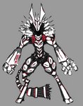 ambiguous_gender anthro black_body black_sclera cable_tail cybernetics fist fur_collar grey_background hooved_toes hooves machine mask metallic_body mouthless multicolored_body muscular muscular_anthro noseless one_eye_closed red_accents simple_background solo tail two_tone_body two_tone_tail white_body white_eyes jejunumiper european_mythology greek_mythology mythology mg_mntr_(jejunumiper) android bovid bovine mammal minotaur monster robot absurd_res hi_res