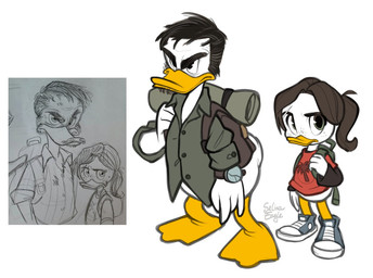 angry anthro backpack clock clothing duo female footwear hair male scar shoes simple_background tail watch white_background selinaeagle naughty_dog sony_corporation sony_interactive_entertainment the_last_of_us ellie_(tlou) joel_(tlou) anatid anseriform avian bird duck 2023 digital_drawing_(artwork) digital_media_(artwork) signature sketch