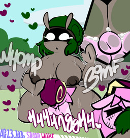 ambiguous_penetration anthro big_breasts black_eyes bodily_fluids breasts brown_body brown_nipples brown_skin circle_eyes crotch_tuft cum cum_inside dialogue duo face_in_pubes female genital_fluids green_hair green_pubes hair heart_symbol holding_partner larger_on_top male male/female narrowed_eyes nipples on_top onomatopoeia orgasm outside outside_sex penetration pink_body pink_hair pink_skin pubes sex shadowed_eyes shell_hat size_difference sound_effects text tuft thefablednekos spiral_stream_derby jerry_capshell mossy_stone gastropod mollusk snail hi_res