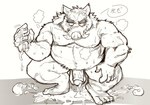 anthro balls belly big_belly bodily_fluids condom cum filled_condom genital_fluids genitals kemono male moobs nipples overweight overweight_male penis sexual_barrier_device solo text yazoe mammal suid suina sus_(pig) wild_boar 2023 hi_res japanese_text