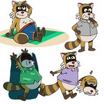 angry anthro belly bottomwear brown_body clothing eyes_closed male open_mouth shirt shorts sitting slightly_chubby smile solo swimwear topwear fictionist12 robot_dreams rascal_(robot_dreams) mammal procyonid raccoon 1:1 2024 hi_res