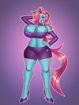 anthro big_breasts blue_body bottomwear breasts choker cleavage clothed clothing ear_fins female fin footwear hair high_heels jewelry lips lipstick looking_at_viewer makeup miniskirt necklace pink_body pink_eyes pink_hair pink_lips pink_lipstick pink_scales purple_body purple_choker purple_clothing purple_jewelry purple_necklace purple_skin purple_topwear scales sharp_teeth shoes skirt solo teeth topwear nauth mythology angel_cake_(nauth) fan_character dragon equid equine hybrid kirin mammal mythological_creature mythological_scalie scalie absurd_res hi_res