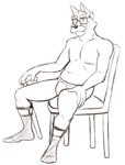 accessory anthro black_nose briefs chair clothed clothing colored_socks eyewear facial_hair footwear furniture garter glasses humanoid_heel male mustache simple_background sitting smile socks solo topless underwear white_background thegreatmatsutzu canid canine mammal black_and_white monochrome sketch