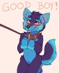 anthro blue_body blue_fur canid canine canis collar fur good_boy hi_res kneeling leash male mammal pet_praise praise puppy_eyes riptide_(infoxicated) simple_background solo soureggnog submissive submissive_male text tongue tongue_out wolf yellow_eyes