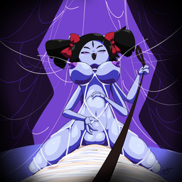 5_eyes abdominal_bulge accessory anthro areola bdsm big_breasts big_penis black_hair black_sclera blush blush_lines bodily_fluids bondage bound bow_ribbon breast_expansion breasts duo expansion fangs female first_person_view genitals hair hair_accessory hair_bow hair_ribbon human_on_anthro human_pov interspecies lactating leash male male/female milk multi_arm multi_eye multi_limb narrowed_eyes navel nipples nude open_mouth penetration penis pigtails purple_body purple_eyes ribbons sex smile teeth thick_thighs vaginal vaginal_penetration vulva zedrin undertale undertale_(series) muffet arachnid arthropod human mammal spider absurd_res hi_res