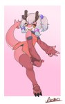 anthro asian_clothing clothing east_asian_clothing female fingerless_gloves gloves grey_hair hair handwear legwear looking_at_viewer orange_eyes pink_body simple_background smile solo stockings tail arumo mythology ryubi_tanabu dragon mythological_creature mythological_scalie scalie 2021 5:8 absurd_res hi_res