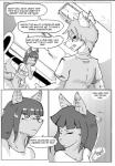 bottomwear brother_(lore) clothing comic ear_piercing english_text frown greyscale halftone monochrome piercing shirt shorts sibling_(lore) simple_background sister_(lore) spiritmachine_(artist) text topwear