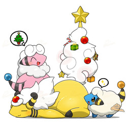 ambiguous_gender anthro black_eyes black_markings black_tail blue_body blue_fur blush candy candy_cane christmas_tree dessert evolutionary_family eyes_closed feral fluffy fluffy_tail food forehead_gem fur gem group holidays jumping kemono lying markings musical_note musical_symbol on_front open_mouth open_smile pink_body pink_fur pink_tail plant red_gem simple_background size_difference smile sparkles speech_bubble star striped_markings striped_tail stripes symbol tail tail_markings tail_orb tree trio white_background white_body white_fur white_tail wool_(fur) yellow_body yellow_fur yellow_tail tontaro christmas nintendo pokemon ampharos bovid caprine flaaffy generation_2_pokemon mammal mareep pokemon_(species) 1:1 2d_animation animated frame_by_frame signature watermark
