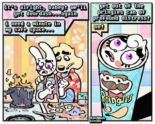 2_panel_comic aloha_shirt anthro bow_tie cheek_spots clothing dialogue duo fire floppy_ears fur half-closed_eyes humor male narrowed_eyes overalls pattern_clothing pattern_shirt pattern_topwear pringles_can shirt speech_bubble teeth text tooth_gap topwear white_body white_fur yellow_body yellow_fur rawdawgcomics bingus_(rawdawgcomics) stahli_(rawdawgcomics) bird_dog canid canine canis domestic_dog golden_retriever hunting_dog lagomorph leporid mammal rabbit retriever 5:4 comic english_text
