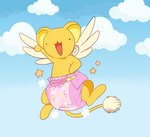 ageplay anthro big_diaper biped clean_diaper clothed clothing cloud diaper diaper_fetish diaper_only diaper_tape flying fur happy looking_at_viewer male open_mouth orange_body orange_fur outside pink_diaper roleplay simple_background sky smile solo tail tail_tuft topless tuft wearing_diaper wings jupiters kero_(cardcaptor_sakura) mammal mouse murid murine rodent
