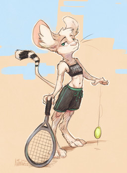 anthro athletic athletic_female athletic_wear ball bottomwear bra breasts clothing female fur green_eyes gym_bottomwear gym_shorts markings shorts small_breasts solo sports_bra standing striped_markings striped_tail stripes tail tail_markings tennis_ball tennis_racket underwear white_body white_fur animancer luck_(animancer) dipodid jerboa mammal rodent 2026 hi_res