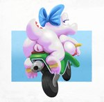 3_toes accessory anthro anus big_breasts big_butt big_nipples blue_background blue_eyes border bow_ribbon breasts butt diamond_ring feet female genitals hair_accessory hair_bow hair_ribbon half-closed_eyes looking_at_viewer looking_back lying motorcycle narrowed_eyes nipples on_front pink_body pink_scales pupils pussy raised_tail rear_view red_body red_nipples red_pussy red_scales ribbons ring scales simple_background siphon_(anatomy) solo tail thick_thighs toes vehicle white_body white_border onihidden mario_bros mario_kart mario_kart_8_deluxe nintendo birdo scalie 2023 hi_res