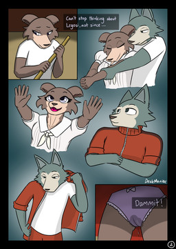 5_fingers anthro black_border black_nose blue_eyes bodily_fluids border broom camel_toe cleaning_tool clothed clothing countershade_face countershading dialogue dialogue_box dress duo eyes_closed fangs female fingers flashback fur genital_fluids grey_body grey_fur hands_together holding_arm holding_broom holding_cleaning_tool holding_object humanoid_hands jacket looking_at_another looking_down looking_up lying male male/female multicolored_body multicolored_fur on_back panties raised_arms school_uniform shirt smile solo standing t-shirt tan_body tan_countershading tan_fur teeth text topwear two_tone_body two_tone_fur underwear undressing uniform vaginal_fluids vaginal_fluids_through_clothing wet wet_clothing wet_panties wet_underwear deskmaniac beastars juno_(beastars) legoshi_(beastars) canid canine canis mammal wolf 2020 comic digital_media_(artwork) english_text hi_res signature
